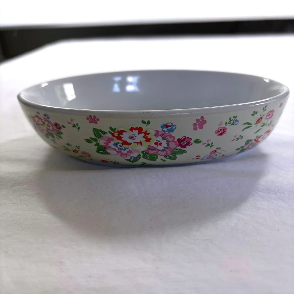 Floral Ceramic Pet Bowls Set of 2 Oval Shallow Cat Dog Dishes Cream Pink Blue